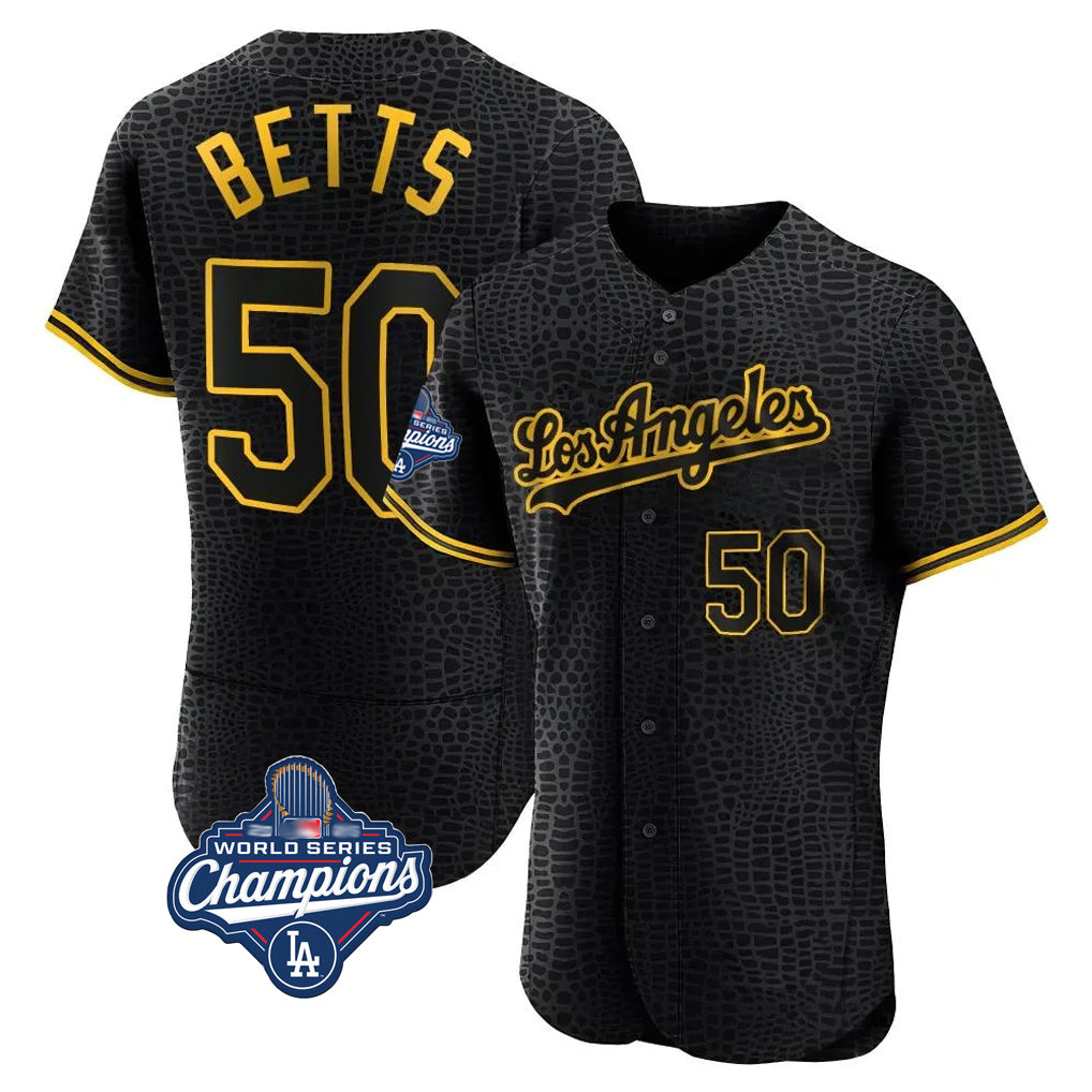 Vanessashop LA.Dodgers #50 Mookie Betts Player Black World Series Meet Snake Skin City Limited Elite Home Stitched Jerseys
