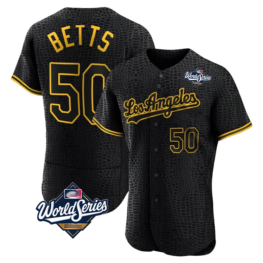 Vanessashop LA.Dodgers #50 Mookie Betts Player Black World Series Snake Skin City Limited Elite Home Stitched Jerseys