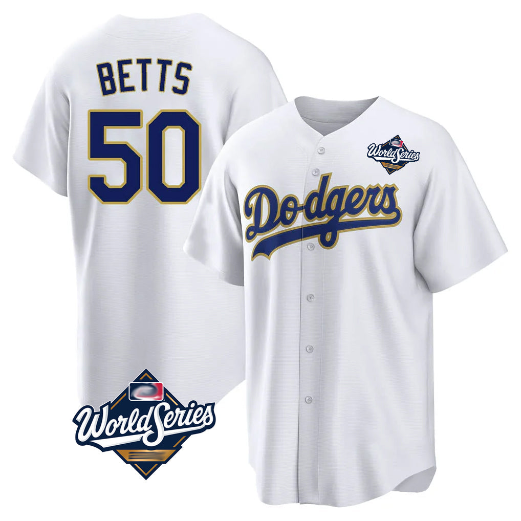 Vanessashop LA.Dodgers #50 Mookie Betts Player Gold White World Series 2026 Collection Stadium Game Stitched Jerseys