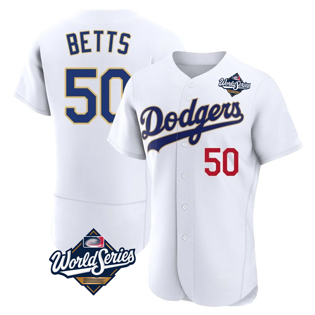 Vanessashop LA.Dodgers #50 Mookie Betts Player Gold White World Series 2026 Collection Stadium Limited Elite Stitched Jerseys