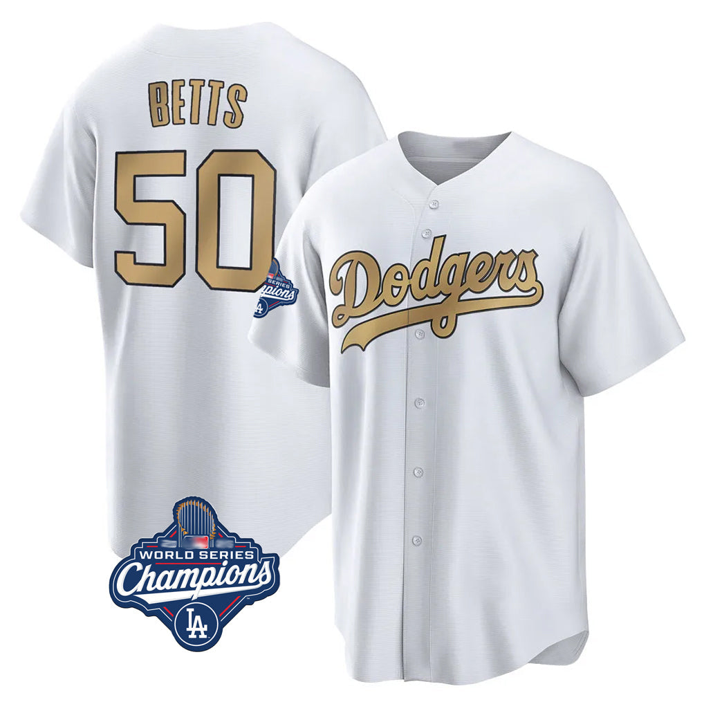 Vanessashop LA.Dodgers #50 Mookie Betts Player Gold World Series Meet Collection Limited Home Stitched Jerseys