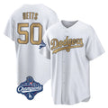 Vanessashop LA.Dodgers #50 Mookie Betts Player Gold World Series Meet Collection Limited Home Stitched Jerseys