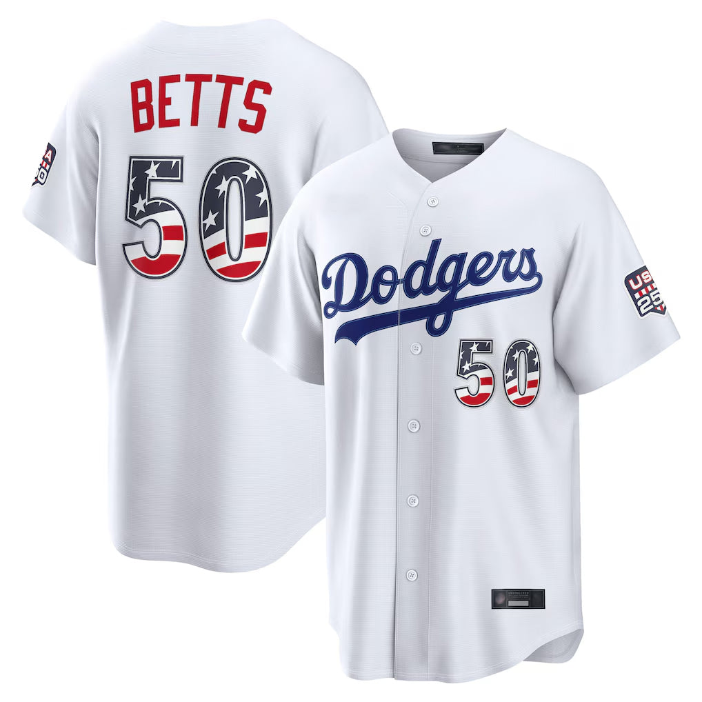 Vanessashop LA.Dodgers #50 Mookie Betts Player White USA 250 Fourth of July Home Game Stitched Jerseys