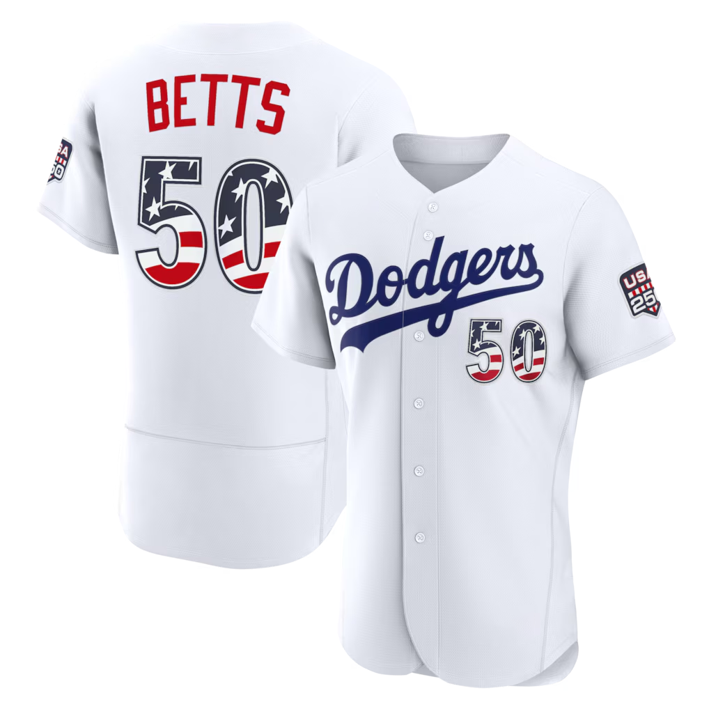 Vanessashop LA.Dodgers #50 Mookie Betts USA 250 Fourth of July Home Authentic Jersey - White