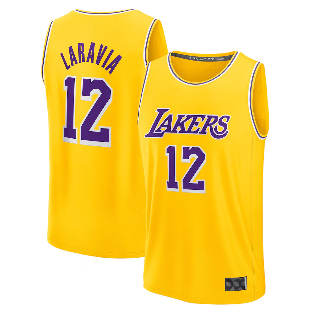 Vanessashop LA.Lakers #12 Jake LaRavia Gold Fast Break Replica Stitched Jerseys - Icon Edition
