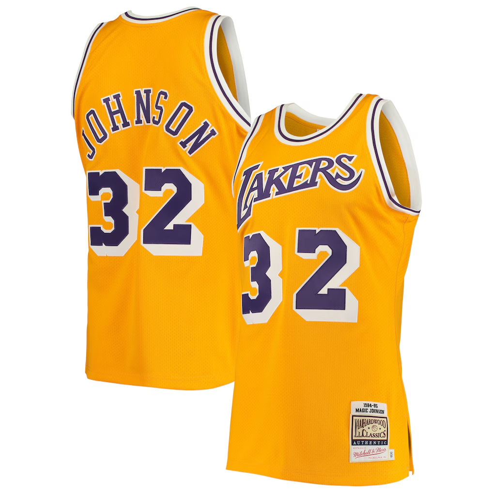 Vanessashop LA.Lakers #32 Magic Johnson Mitchell & Ness Gold 198485 Hardwood Classics Authentic Jerseys