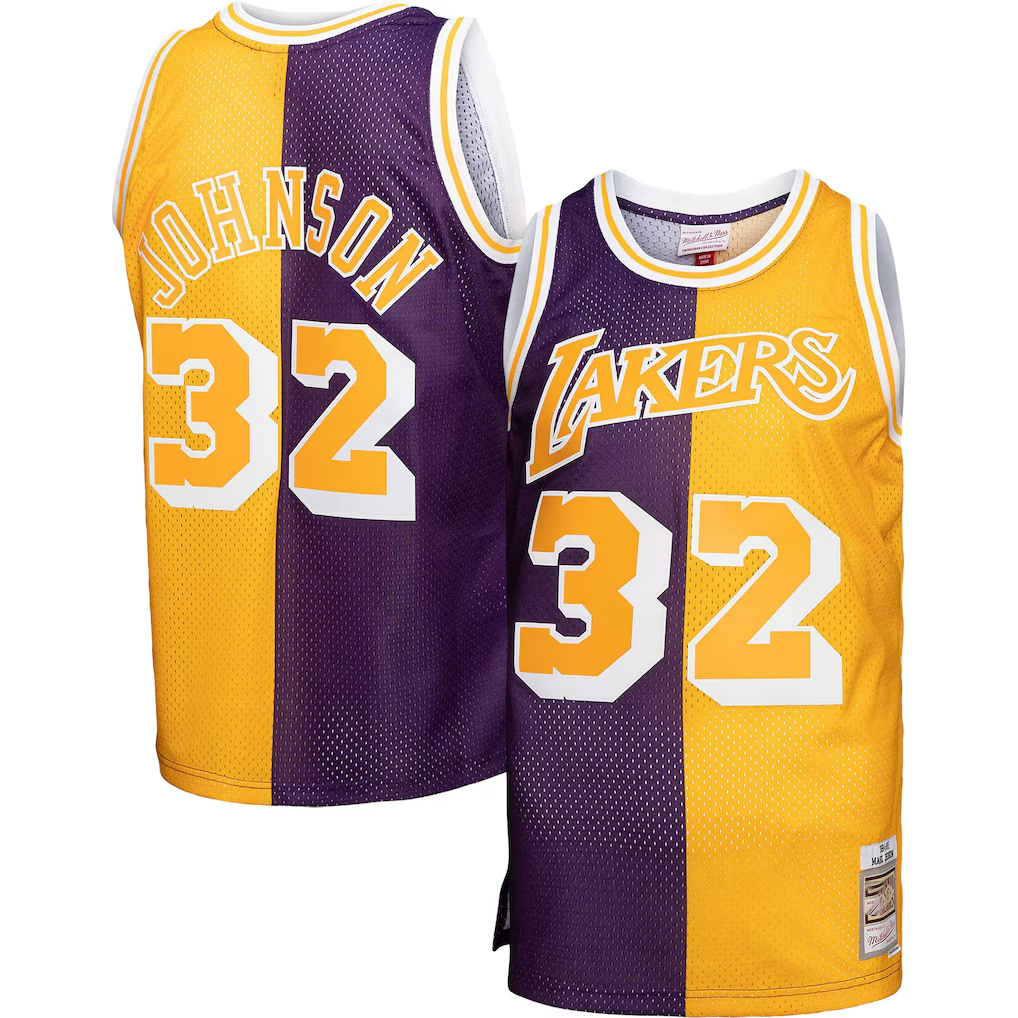 Vanessashop LA.Lakers #32 Magic Johnson Mitchell & Ness PurpleGold Big & Tall Hardwood Classics 198485 Split Swingman Jerseys