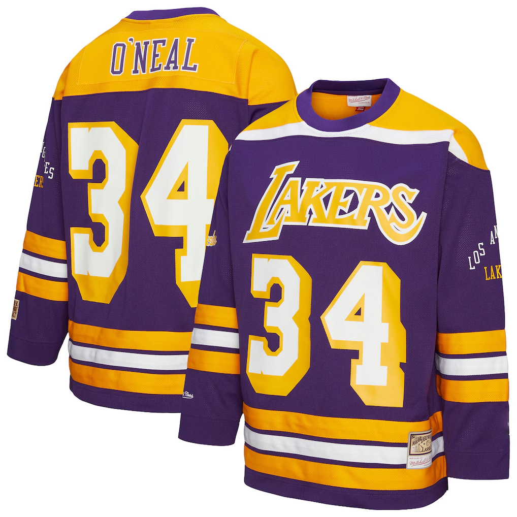Vanessashop LA.Lakers #34 Shaquille O'Neal Mitchell & Ness Purple Maxxed Out Fashion Hockey Stitched Jerseys
