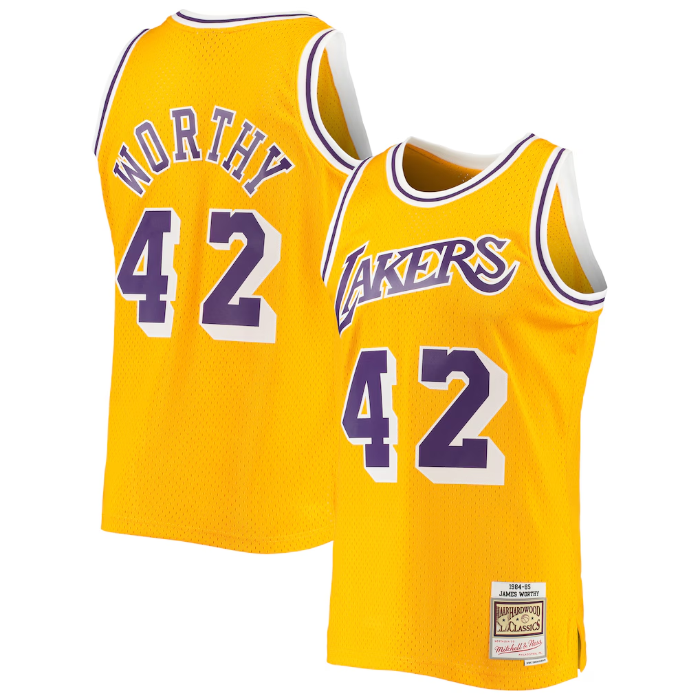 Vanessashop LA.Lakers #42 James Worthy Mitchell & Ness Gold 198485 Hardwood Classics Swingman Stitched Jerseys