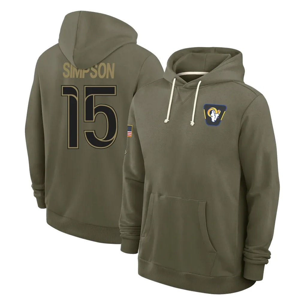 Vanessashop LA.Rams #15 Ty Simpson Player Olive Salute to Service Pullover Hoodies Limited Stitched Jerseys