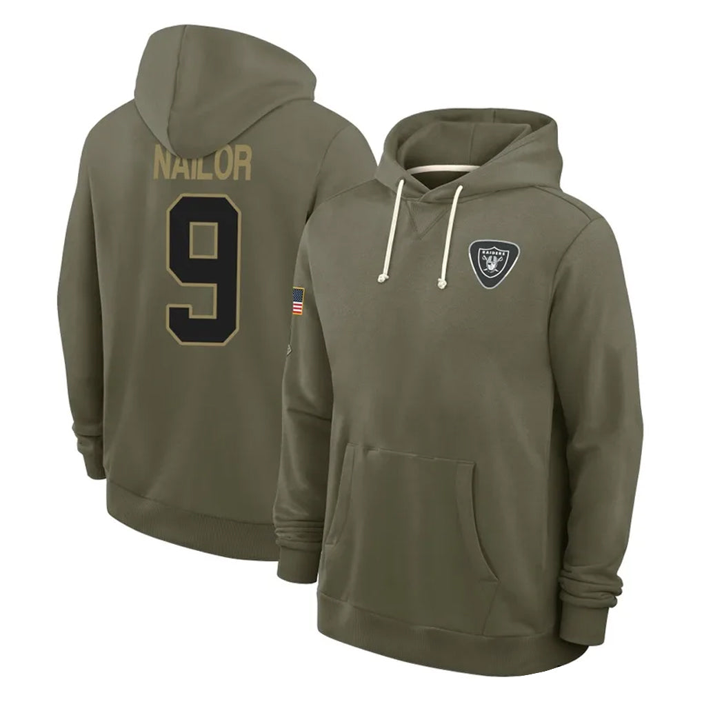 Vanessashop LV.Raiders #9 Jalen Nailor Player Olive Salute to Service Pullover Hoodies Limited Stitched Jerseys