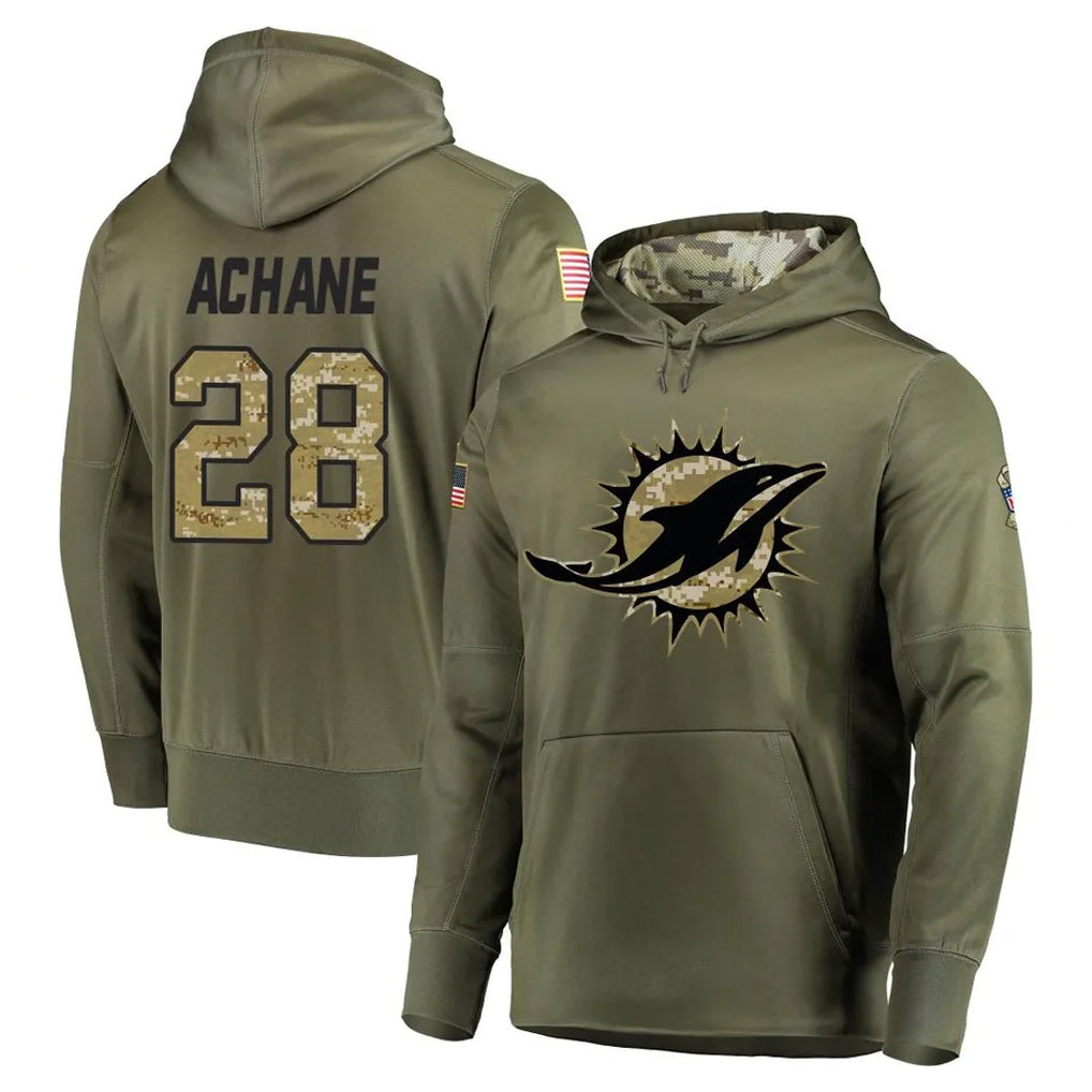 Vanessashop M.Dolphins #28 De'Von Achane Player Olive Salute to Service Pullover Hoodies Home Game Stitched Jerseys