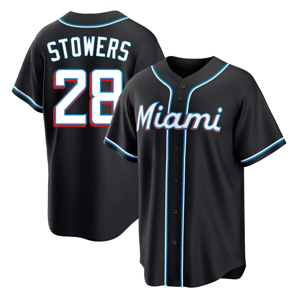 Vanessashop M.Marlins #28 Kyle Stowers Player Black Fashion Out Home Game Stitched Jerseys