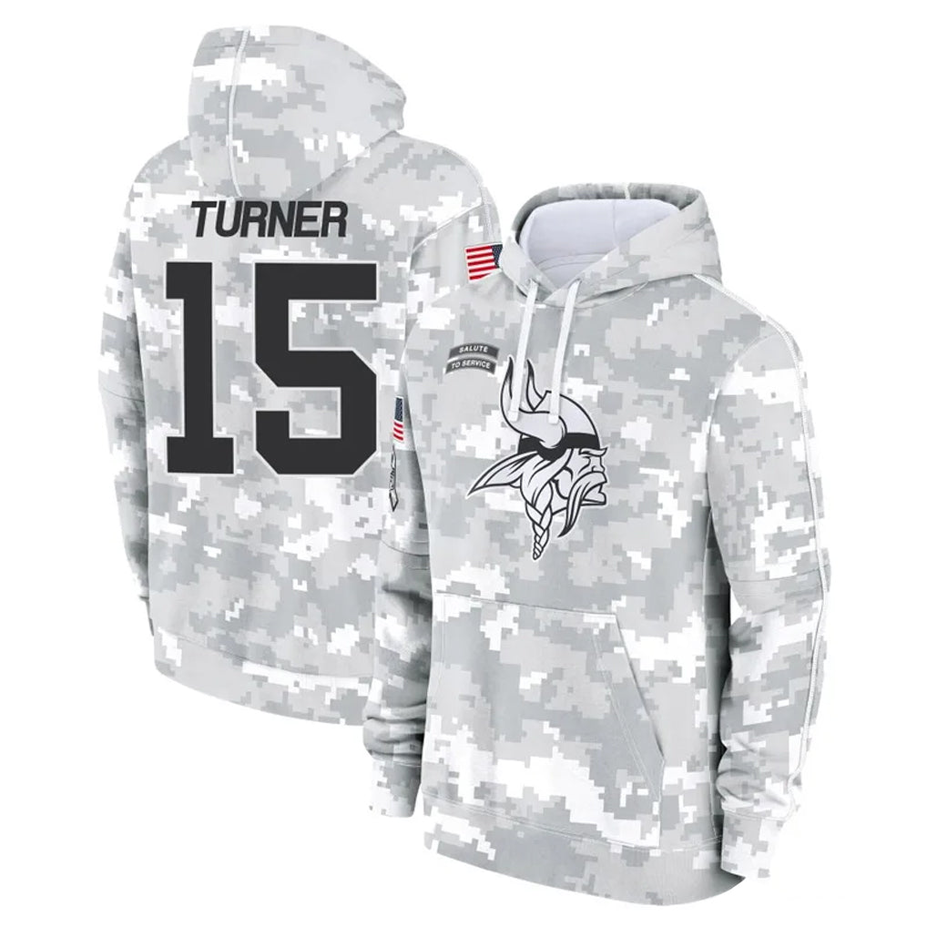 Vanessashop M.Vikings #15 Dallas Turner Player Arctic Camo Salute to Service Pullover Hoodies Limited Game Stitched Jerseys