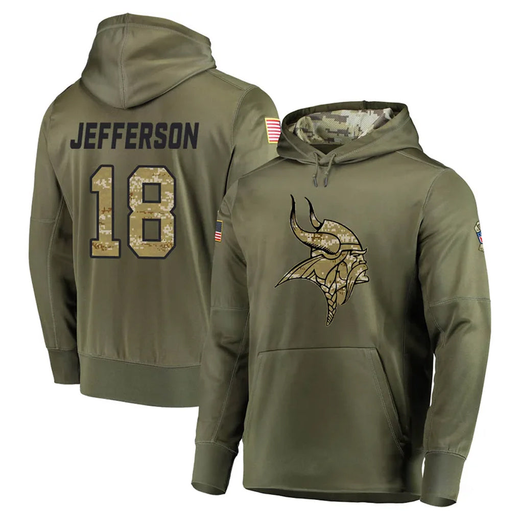 Vanessashop M.Vikings #18 Justin Jefferson Player Olive Salute to Service Pullover Hoodies Home Game Stitched Jerseys