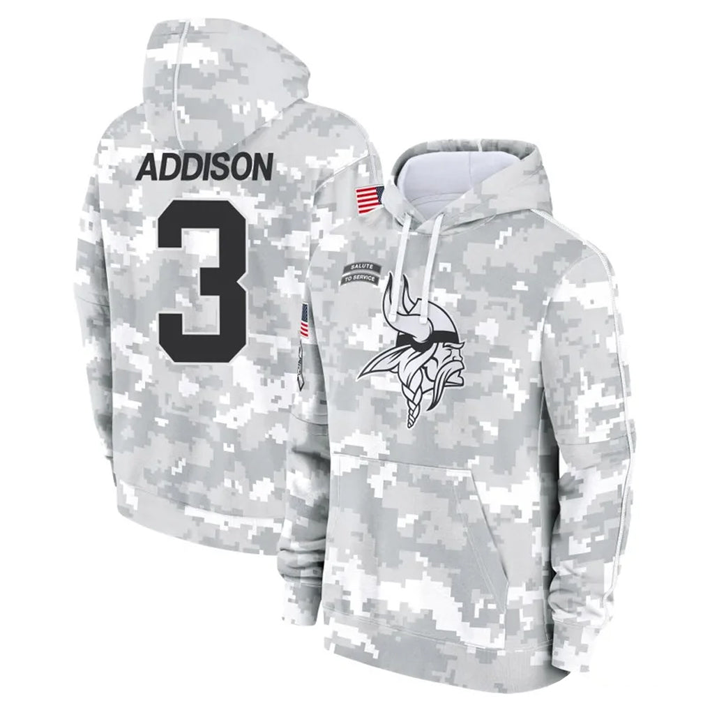 Vanessashop M.Vikings #3 Jordan Addison Player Arctic Camo Salute to Service Pullover Hoodies Limited Game Stitched Jerseys