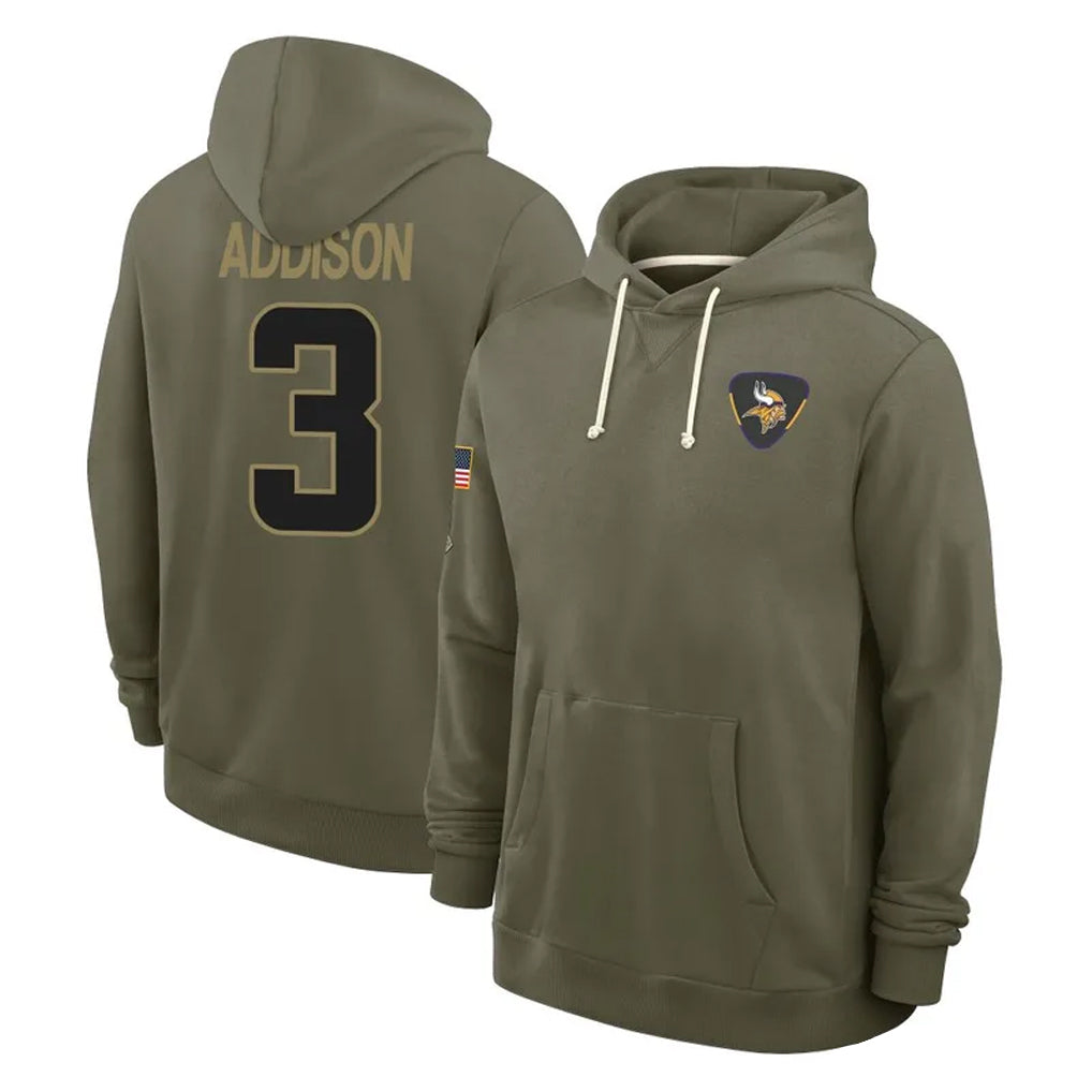 Vanessashop M.Vikings #3 Jordan Addison Player Olive Salute to Service Pullover Hoodies Limited Stitched Jerseys