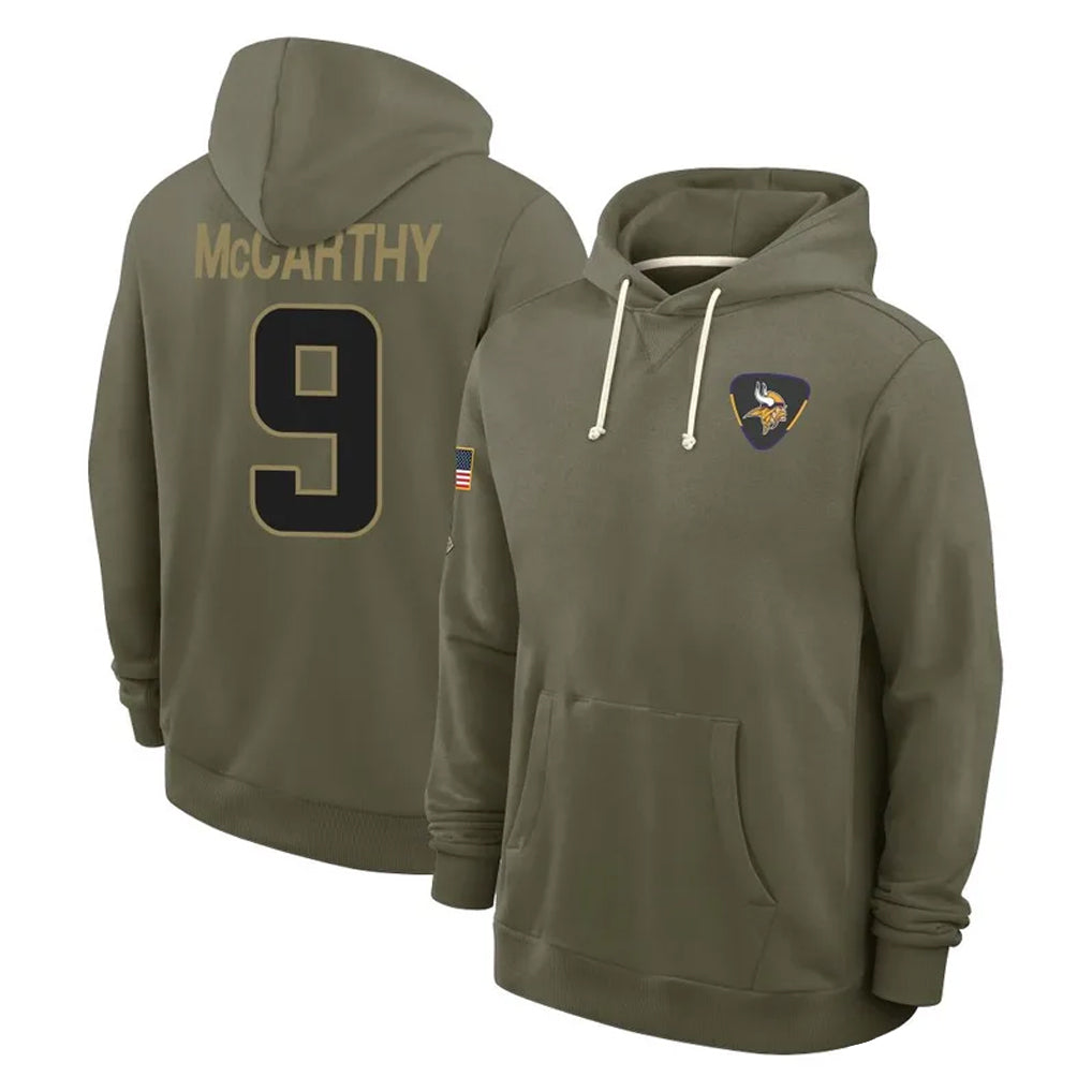 Vanessashop M.Vikings #9 J.J. McCarthy Player Olive Salute to Service Pullover Hoodies Limited Stitched Jerseys