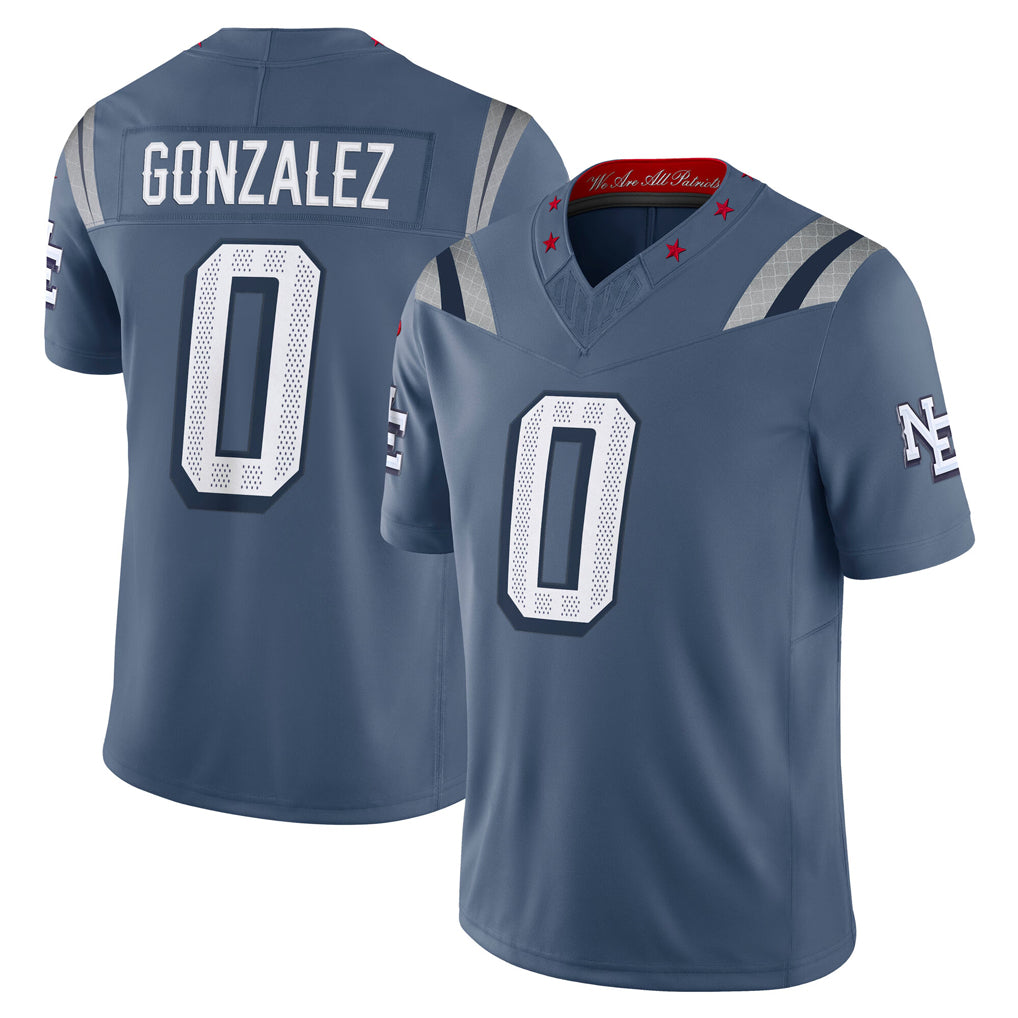 Vanessashop NE.Patriots #0 Christian Gonzalez Player Blue Limited Rivalries Collection Home Game Stitched Jerseys