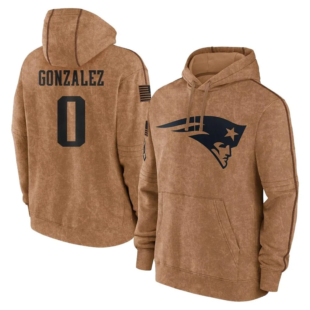 Vanessashop NE.Patriots #0 Christian Gonzalez Player Brown Salute to Service Pullover Hoodies Limited Game Stitched Jerseys