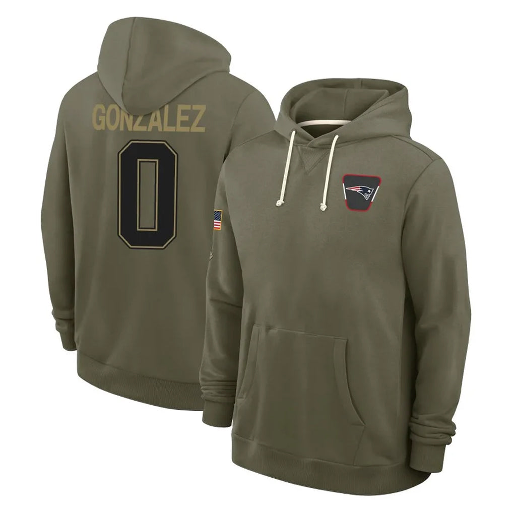 Vanessashop NE.Patriots #0 Christian Gonzalez Player Olive Salute to Service Pullover Hoodies Limited Stitched Jerseys