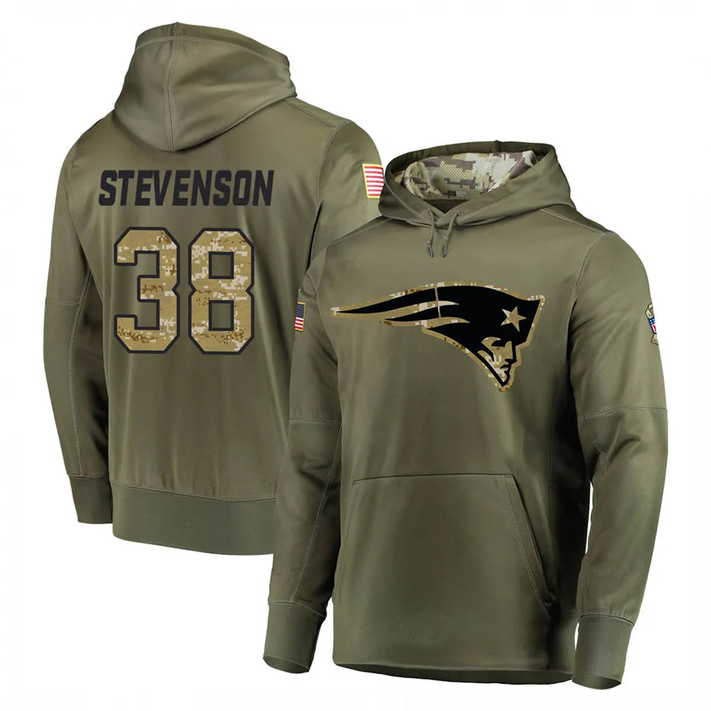 Vanessashop NE.Patriots #38 Rhamondre Stevenson Player Olive Salute to Service Pullover Hoodies Home Game Stitched Jerseys