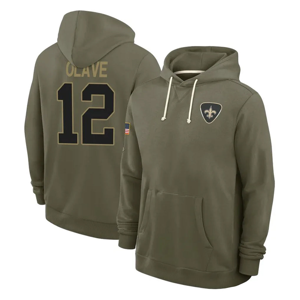 Vanessashop NO.Saints #12 Chris Olave Player Olive Salute to Service Pullover Hoodies Limited Stitched Jerseys