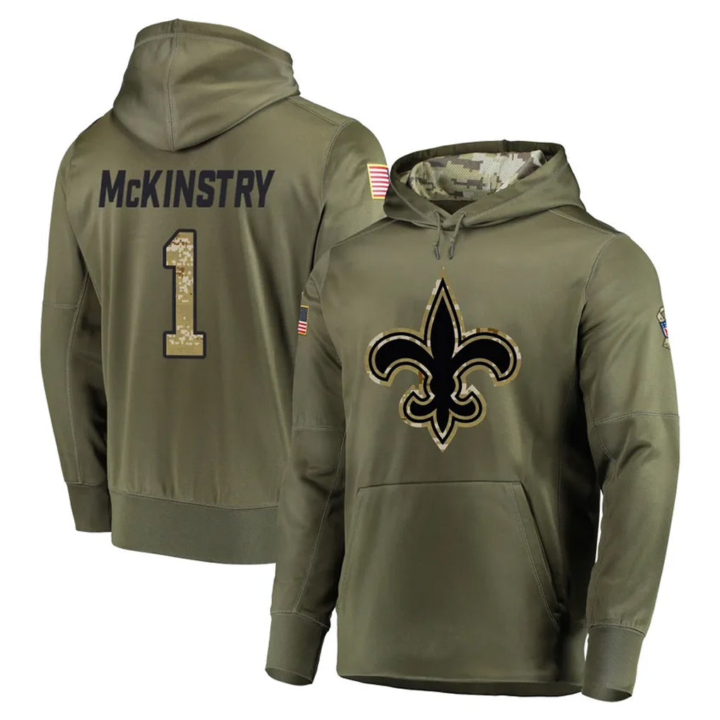 Vanessashop NO.Saints #1 Kool-Aid McKinstry Player Olive Salute to Service Pullover Hoodies Home Game Stitched Jerseys