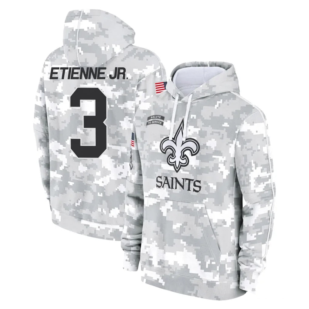 Vanessashop NO.Saints #3 Travis Etienne Jr. Player Arctic Camo Salute to Service Pullover Hoodies Limited Game Stitched Jerseys