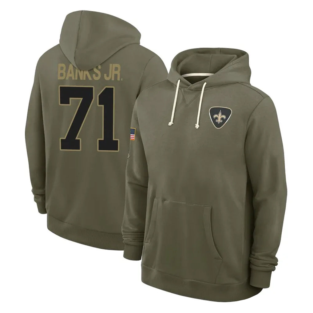 Vanessashop NO.Saints #71 Kelvin Banks Jr. Player Olive Salute to Service Pullover Hoodies Limited Stitched Jerseys