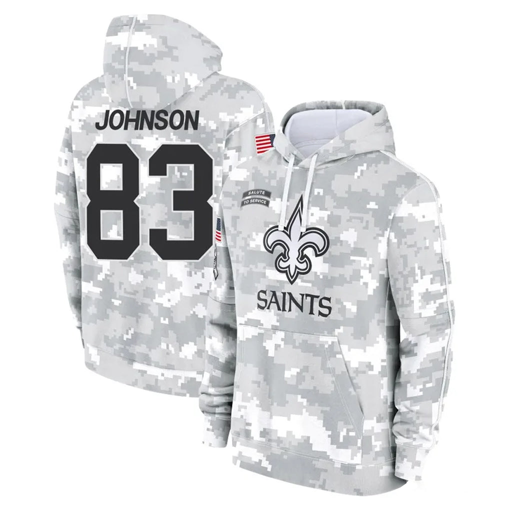 Vanessashop NO.Saints #83 Juwan Johnson Player Arctic Camo Salute to Service Pullover Hoodies Limited Game Stitched Jerseys
