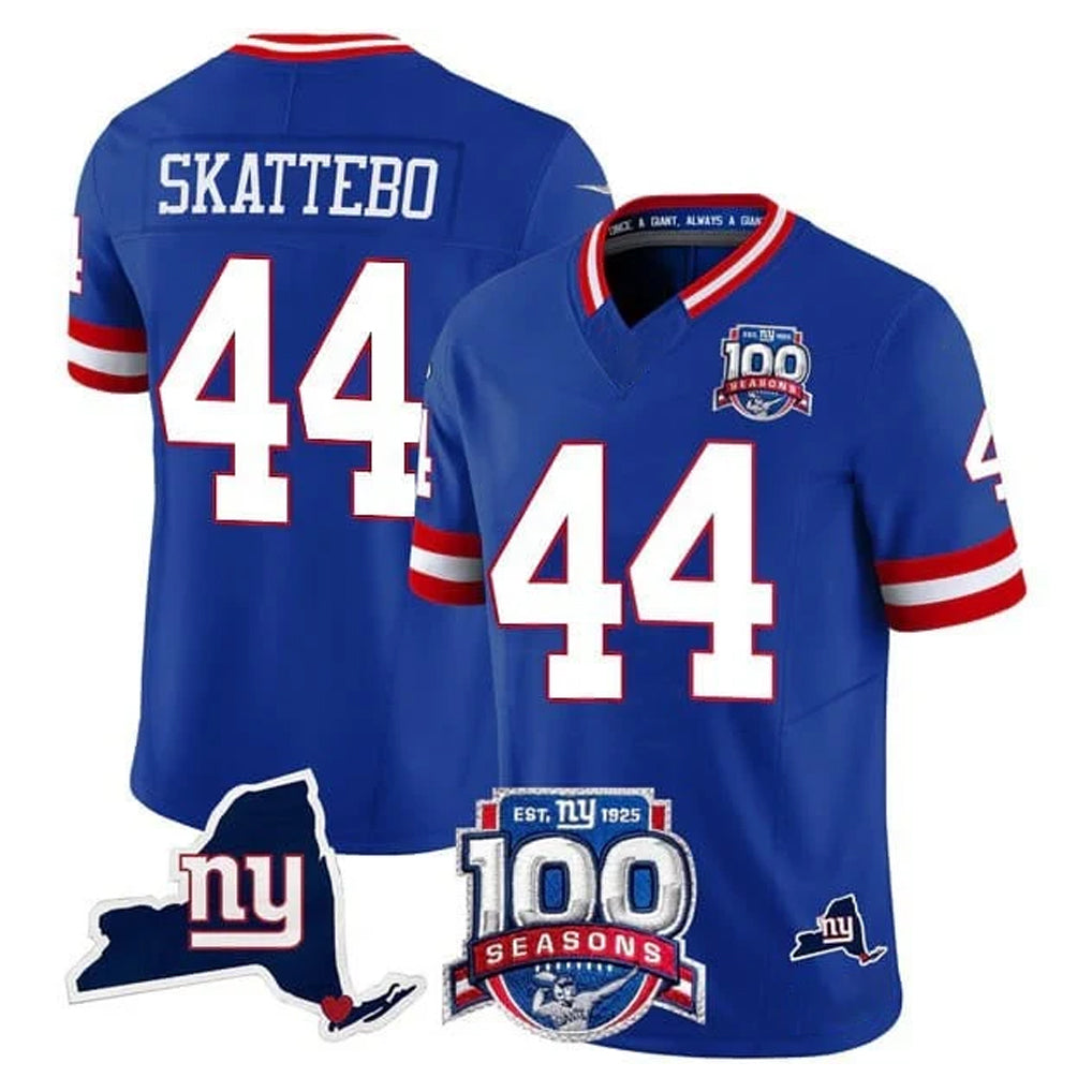 Vanessashop NY.Giants #44 Cam Skattebo Player Royal 100th Season & State Patch Vapor Limited Home Game Stitched Jerseys