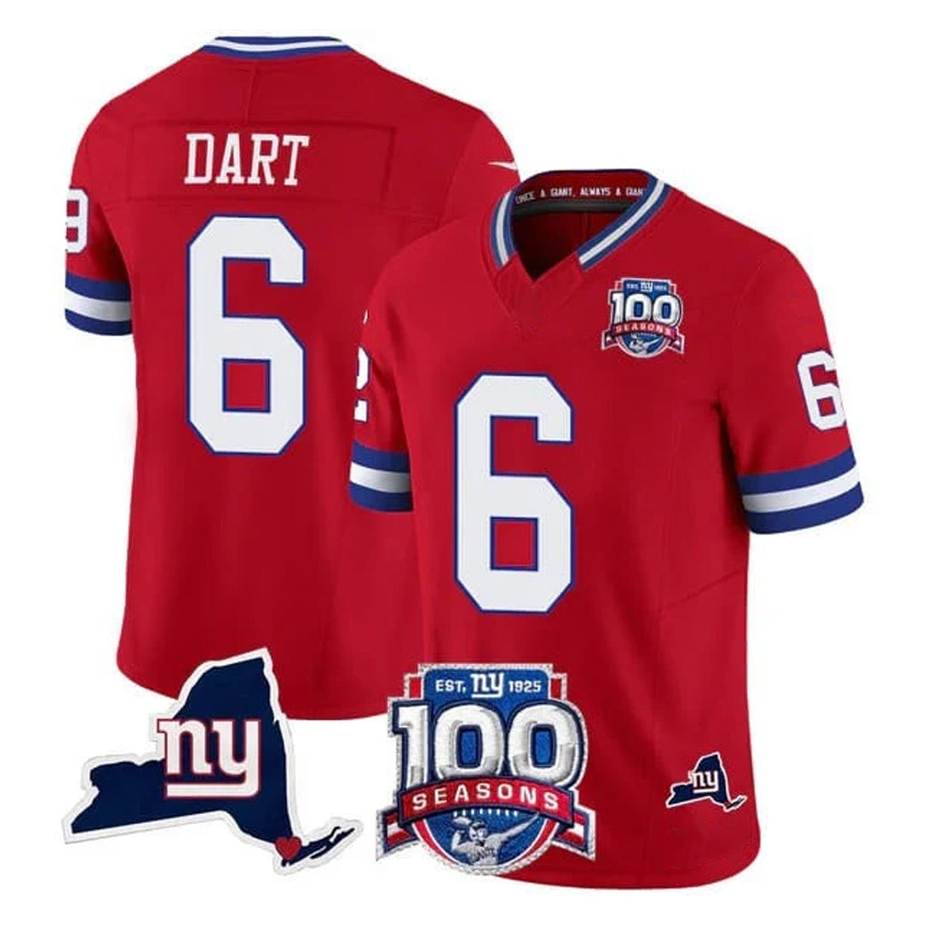 Vanessashop NY.Giants #6 Jaxson Dart Player Red 100th Season & State Patch Vapor Limited Home Game Stitched Jerseys