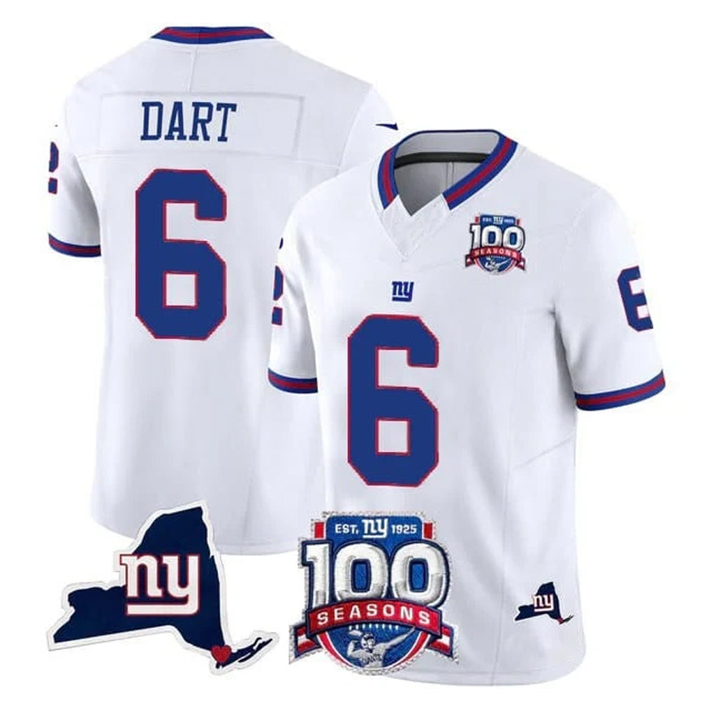 Vanessashop NY.Giants #6 Jaxson Dart Player White 100th Season & State Patch Vapor Limited Home Game Stitched Jerseys