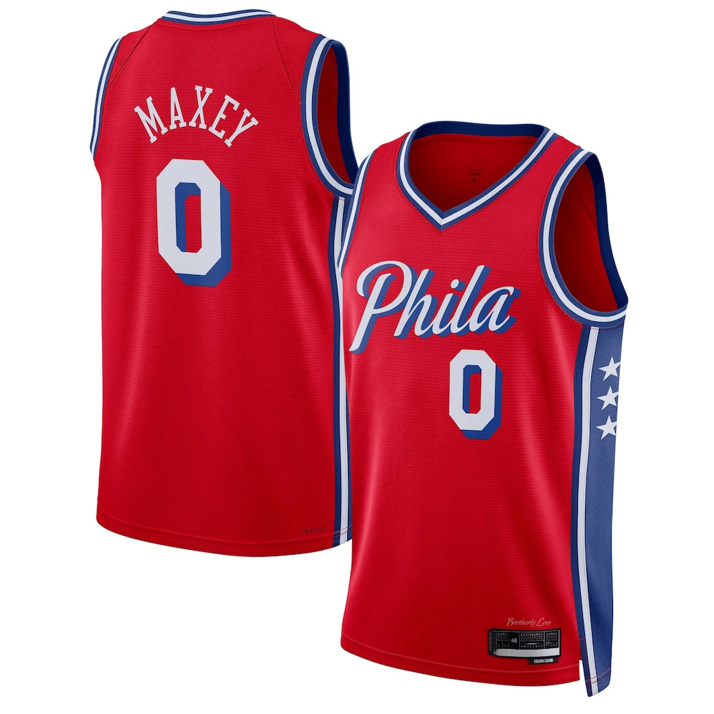 Vanessashop P.76ers #0 Tyrese Maxey  Red Swingman Jerseys - Statement Edition