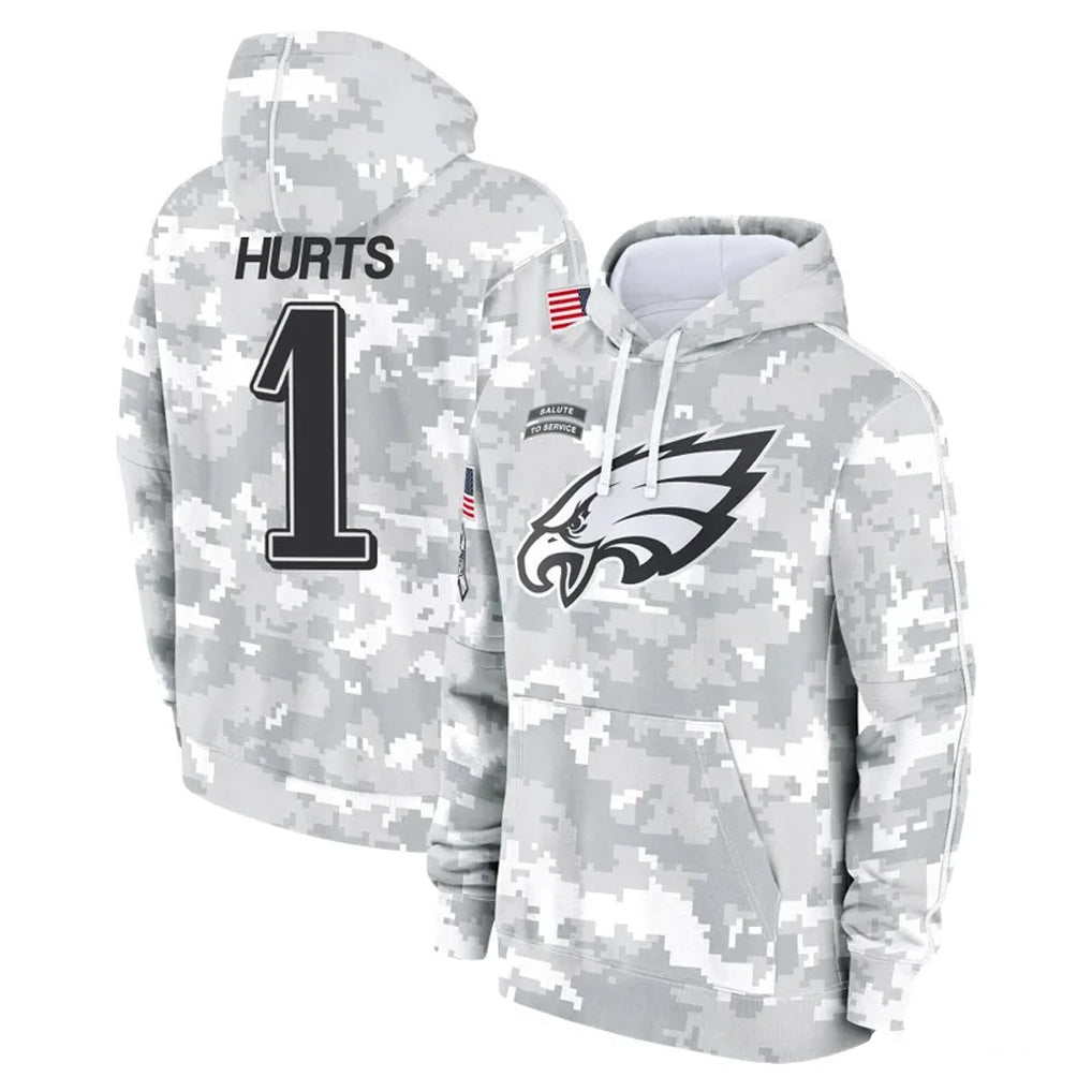Vanessashop P.Eagles #1 Jalen Hurts Player Arctic Camo Salute to Service Pullover Hoodies Limited Game Stitched Jerseys