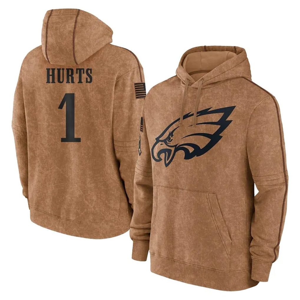 Vanessashop P.Eagles #1 Jalen Hurts Player Brown Salute to Service Pullover Hoodies Limited Game Stitched Jerseys