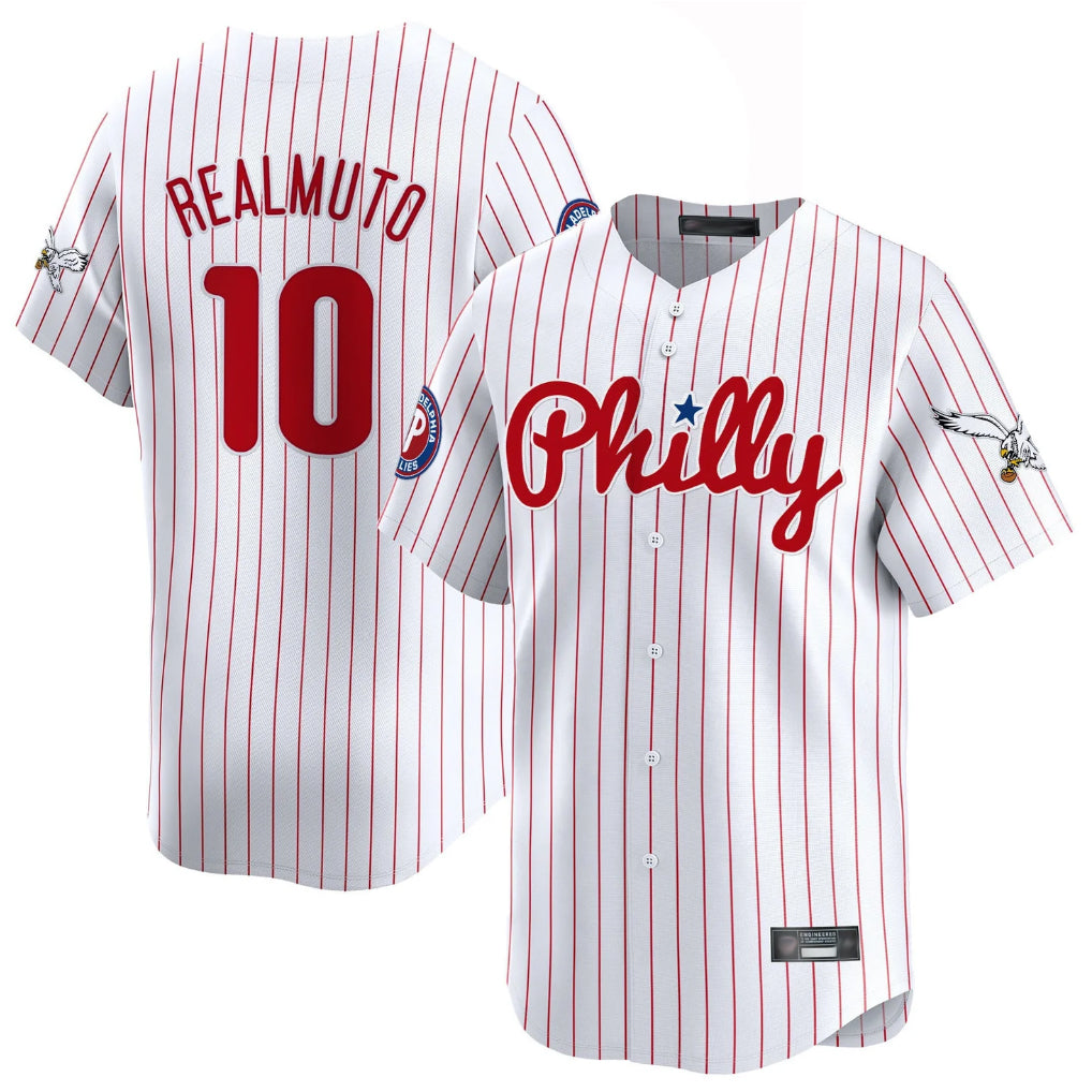 Vanessashop P.Phillies #10 J.T. Realmuto Player White Pinstripe Phillies & Eagles Vapor Premier Limited Stitched Jerseys
