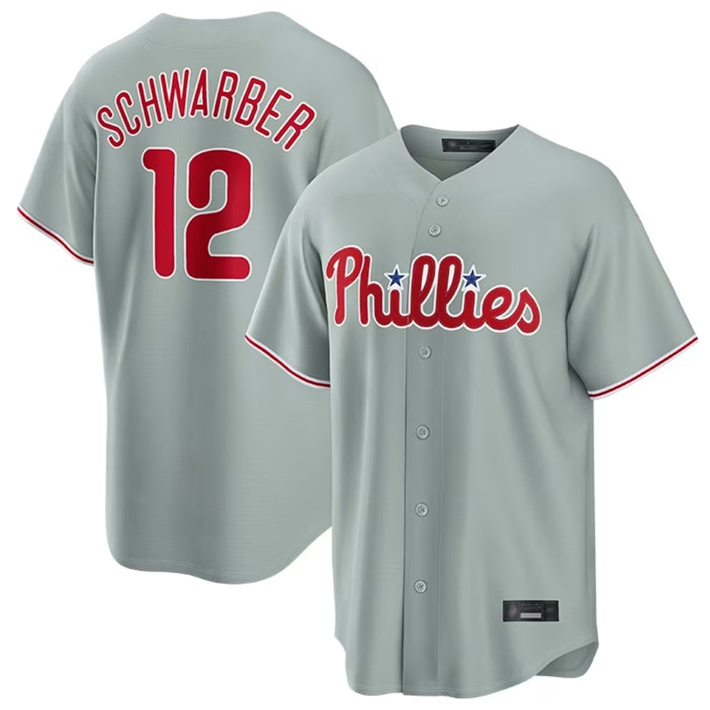 Vanessashop P.Phillies #12 Kyle Schwarber Player Gray Home Game Stitched Jerseys