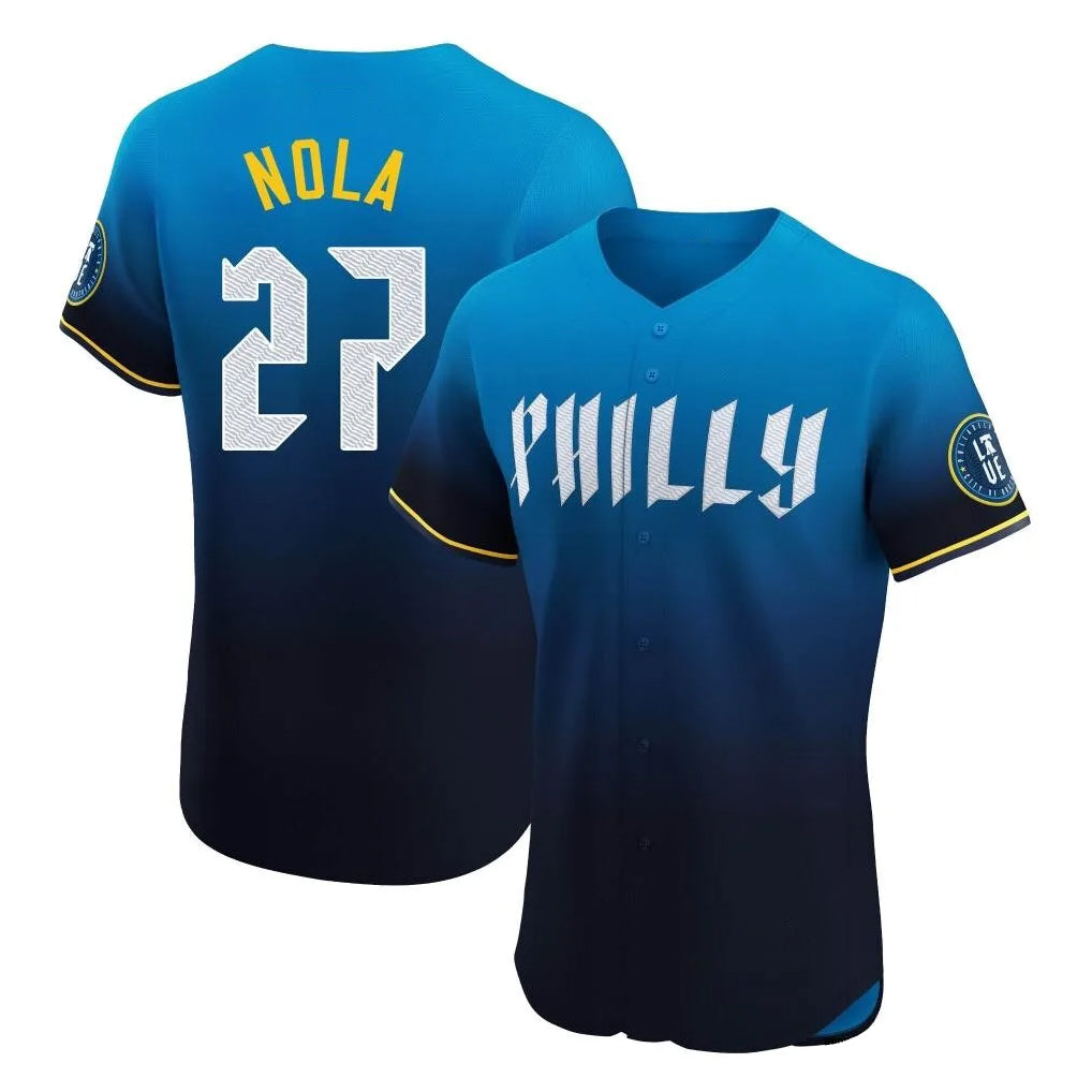Vanessashop P.Phillies #27 Aaron Nola Player Blue City Connect Home Limited Elite Stitched Jerseys