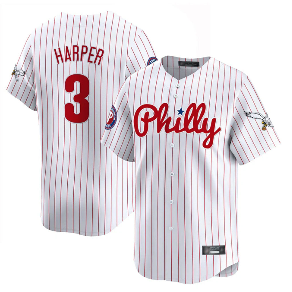 Vanessashop P.Phillies #3 Bryce Harper Player White Pinstripe Phillies & Eagles Vapor Premier Limited Stitched Jerseys