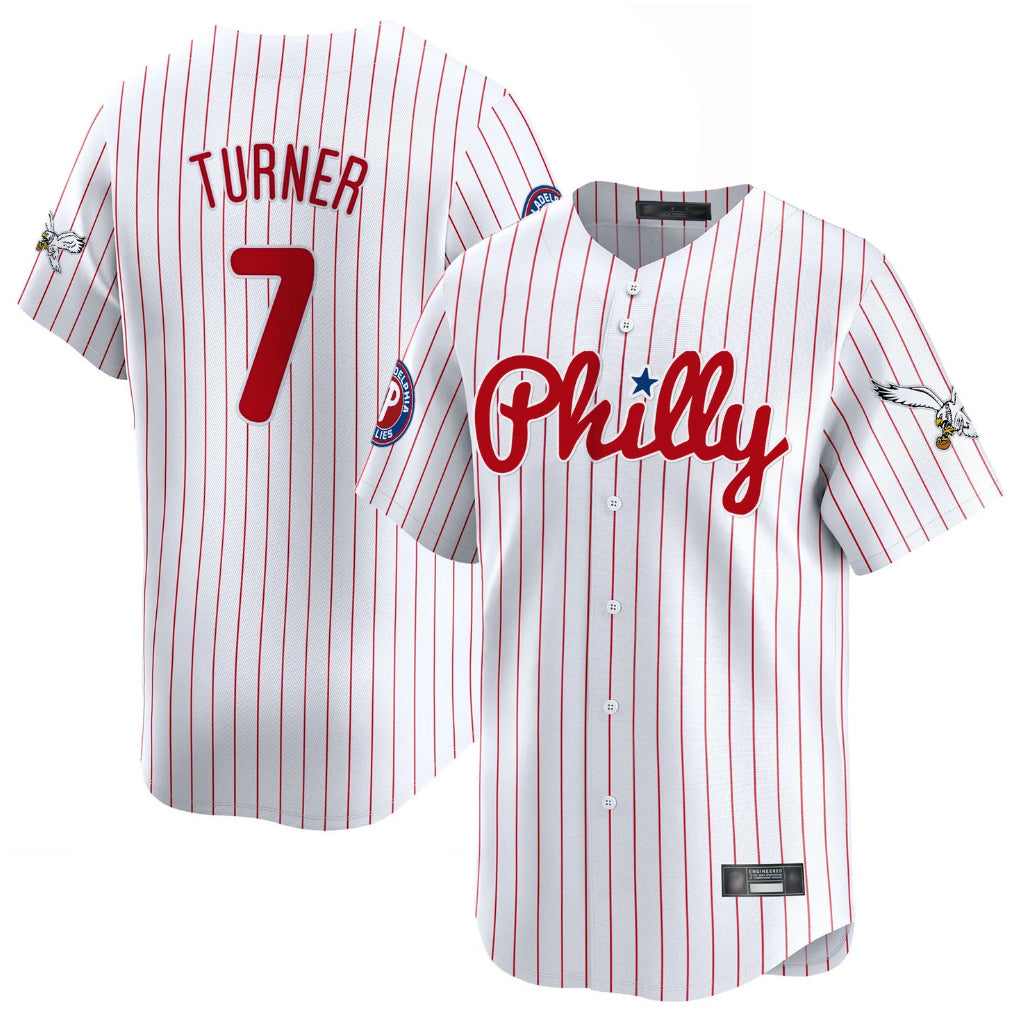 Vanessashop P.Phillies #7 Trea Turner Player White Pinstripe Phillies & Eagles Vapor Premier Limited Stitched Jerseys