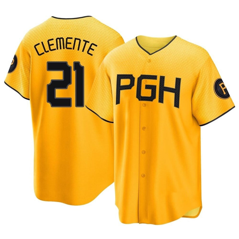 Vanessashop P.Pirates #21 Roberto Clemente Player Gold City Connect Home Game Stitched Jerseys
