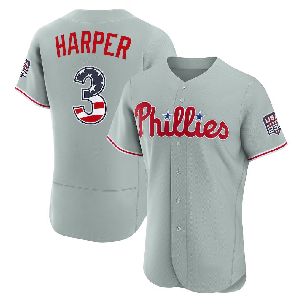 Vanessashop PH.Phillies #3 Bryce Harper Gray USA 250 Fourth of July Road Authentic Jersey