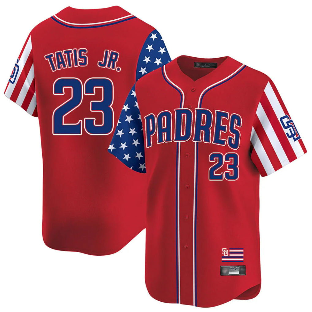 Vanessashop S.Diego Padres #23 Fernando Tatis Jr Player Red Independence Day Home Limited Stitched Jerseys