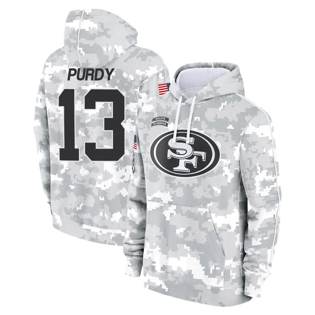Vanessashop SF.49ers #13 Brock Purdy Player Arctic Camo Limited Salute to Service Pullover Hoodies Game Stitched Jerseys