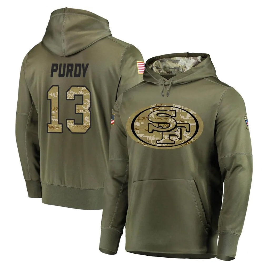 Vanessashop SF.49ers #13 Brock Purdy Player Olive Salute to Service Pullover Hoodie Home Game Stitched Jerseys