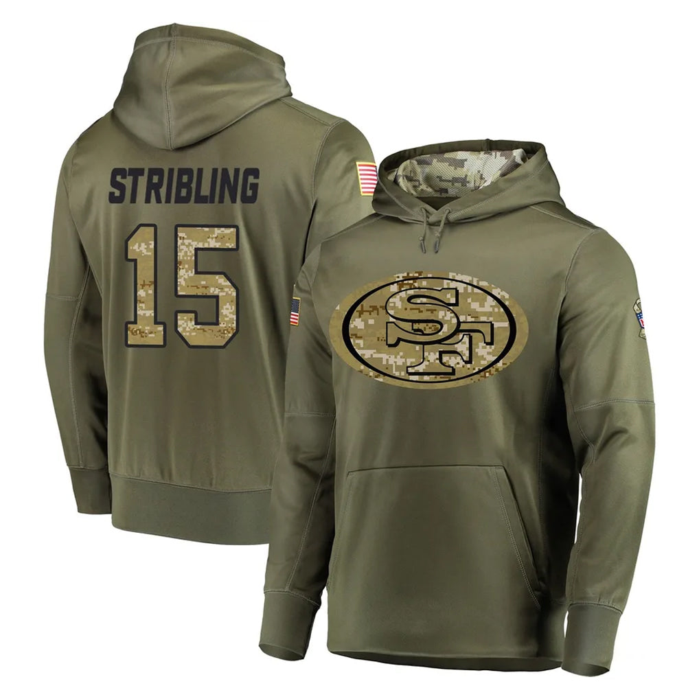 Vanessashop SF.49ers #15 De'Zhaun Stribling Player Olive Salute to Service Pullover Hoodie Home Game Stitched Jerseys