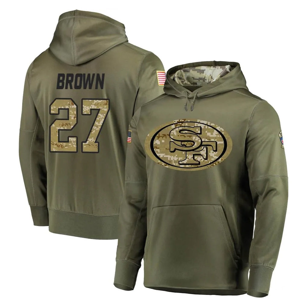 Vanessashop SF.49ers #27 Ji'Ayir Brown Player Olive Salute to Service Pullover Hoodie Home Game Stitched Jerseys