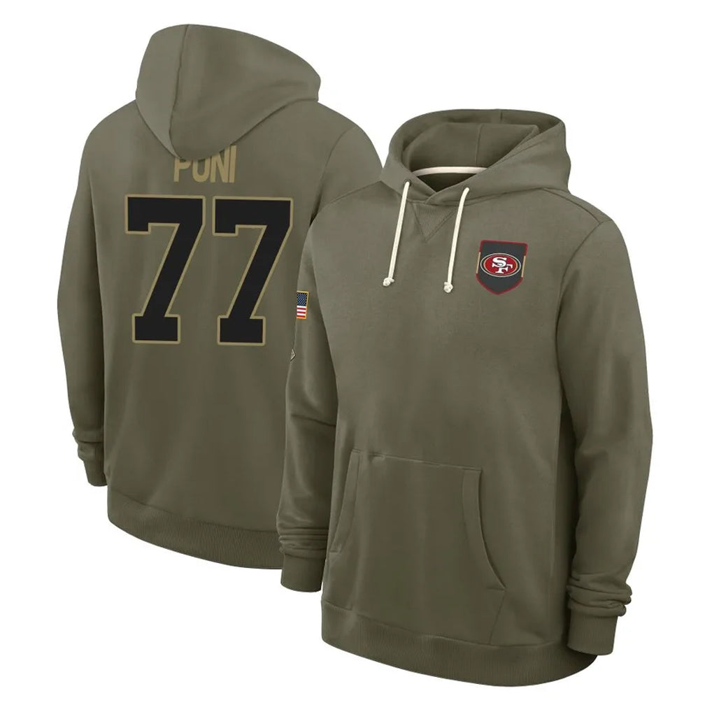 Vanessashop SF.49ers #77 Dominick Puni Player Olive Salute to Service Pullover Hoodies Limited Stitched Jerseys